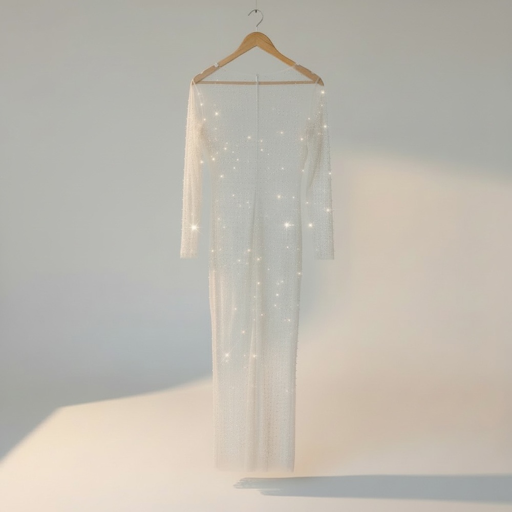 Sheer Embellished Long-Sleeve Mesh Dress in Ivory